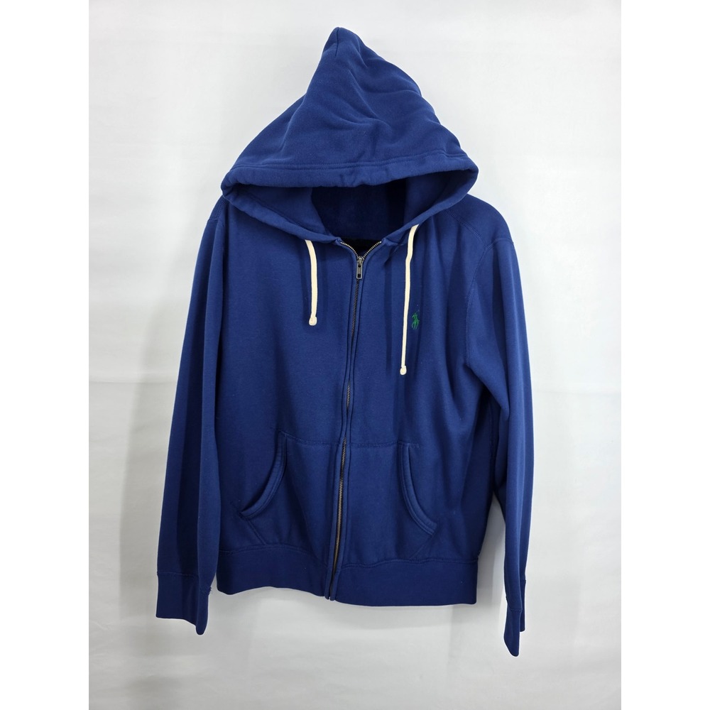 Polo Ralph Lauren Mens Blue Full Zip Fleece Hoodie Green Pony Logo Size M